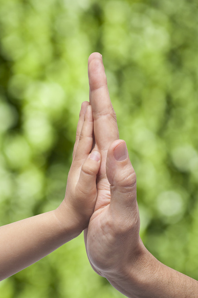 Father and son in high five gesture on a green background - Photo, Image