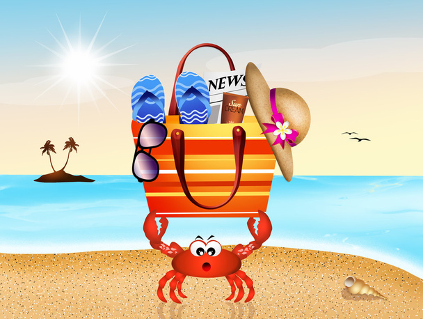 Crab with beach bag - Foto, Imagen