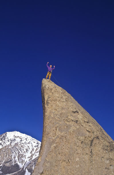 rock klimmer viert op de top. - Foto, afbeelding