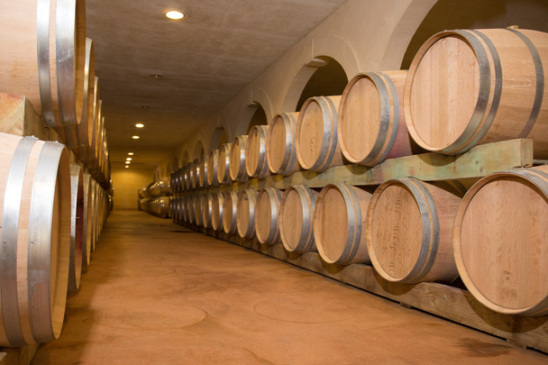 Şaraphanenin eski mahzenine istiflenmiş şarap fıçıları.. - Fotoğraf, Görsel