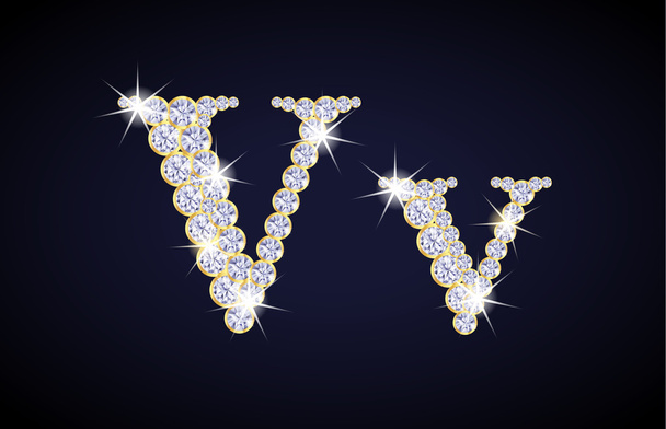 金色のフレームを持つダイヤモンドから構成された文字"V"。完全なアルファベットセット. - ベクター画像