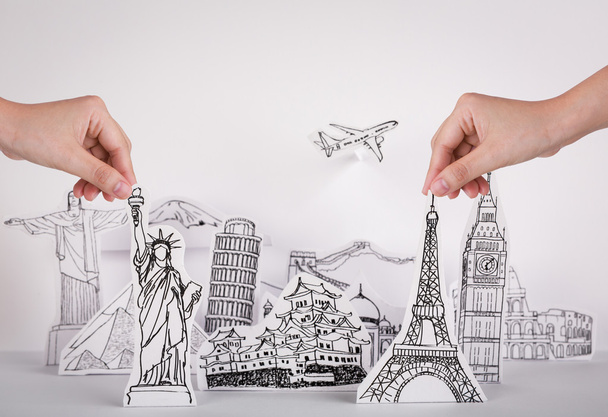 Paper cut of travel (Japan,France,Italy,New York,India,egypt) - Fotoğraf, Görsel