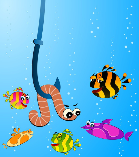 Маленькая мультяшная забавная рыбка ест червяка
 - Вектор,изображение