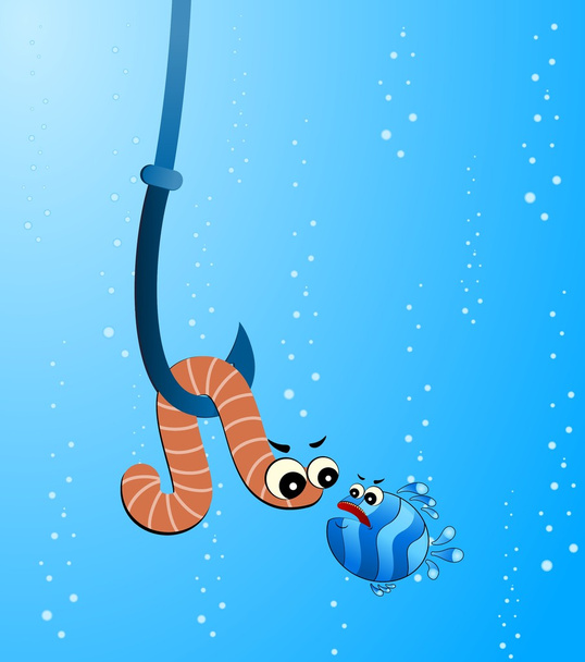 Pequeno desenho animado peixe engraçado come um verme
 - Vetor, Imagem
