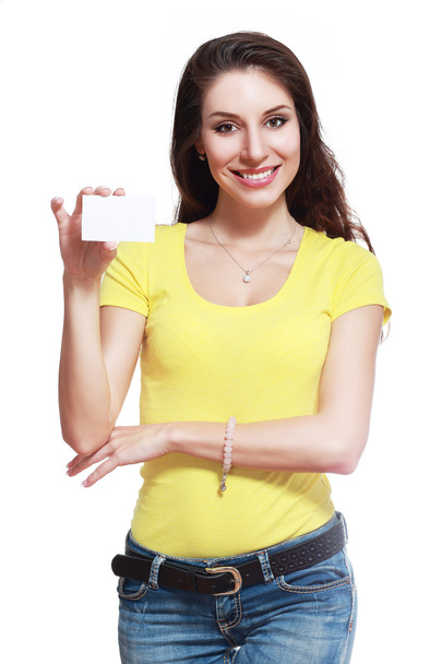 woman holds business  card - Foto, Imagem