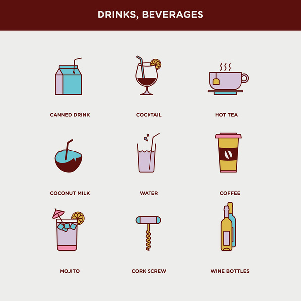drinks, beverages icons set - Vektor, kép