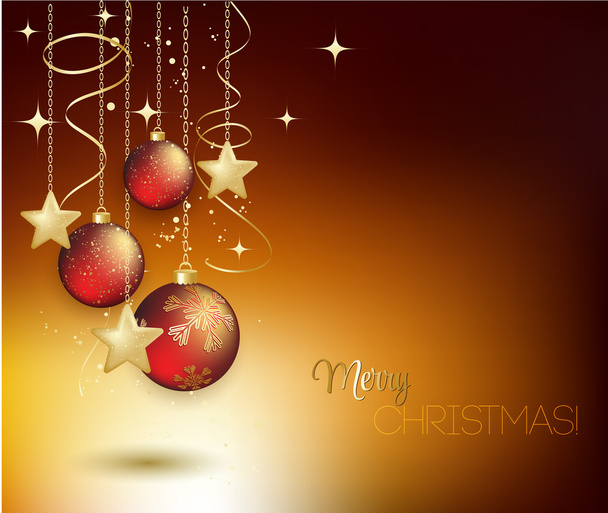 Merry Christmas gold greeting  card with red bauble  - Vector, Image