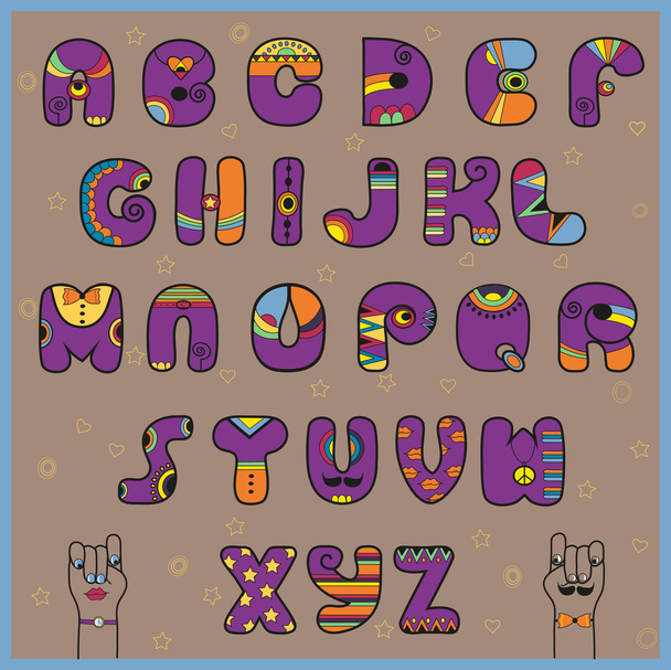 Хипстерский алфавит. Смешные фиолетовые и оранжевые буквы
 - Вектор,изображение