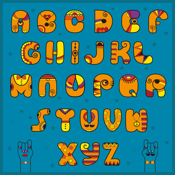  Alphabet in the Indian style. Funny orange letters - Vector, Image