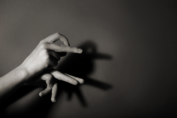 Hands gesture like bird on gray background - Foto, imagen