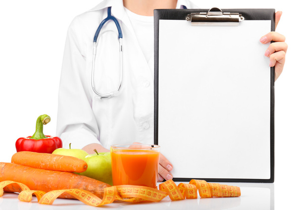 Nutritionist Doctor with clipboard for diet plan, isolated on white - Foto, Imagem