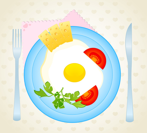 Appetizing delicious fried eggs on a dish are decorated a tomato and cheese - Vector, Image