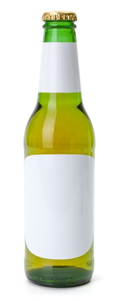 Green beer bottle with white blank labels - Fotoğraf, Görsel