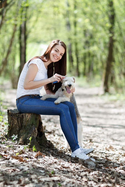 portrait of Beautiful young girl with her dogs   - Fotoğraf, Görsel