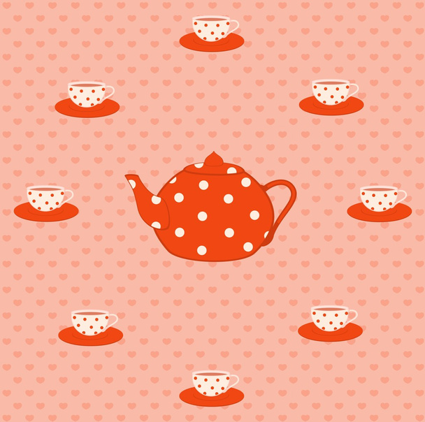 rode mooie bekers en thee-pot - Vector, afbeelding