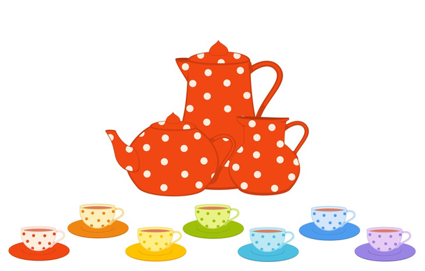 Vektor készlet színes, gyönyörű csészék és piros tea-edények - Vektor, kép