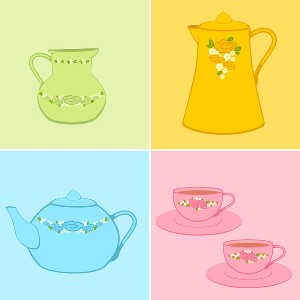 Set of color beautiful cups and tea-pots - Vector, Image