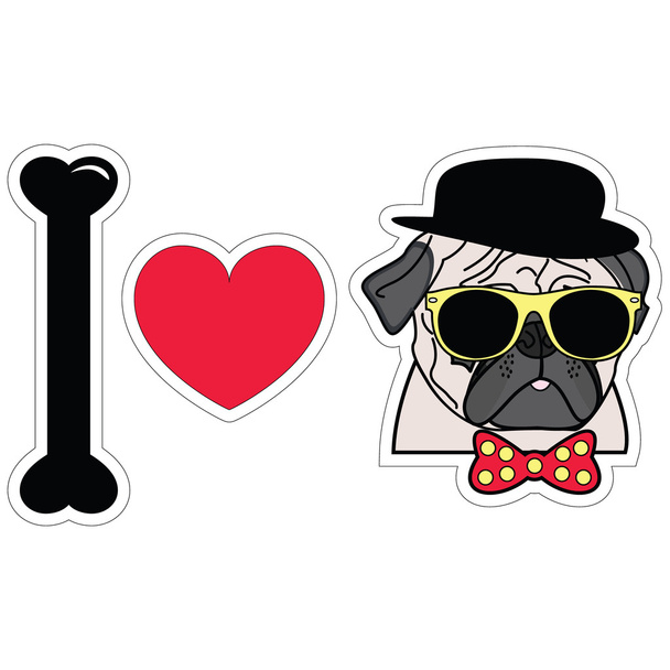 Uwielbiam Mopsy hipster z kokarda krawat z kropek okulary przeciwsłoneczne i kapelusz - Wektor, obraz