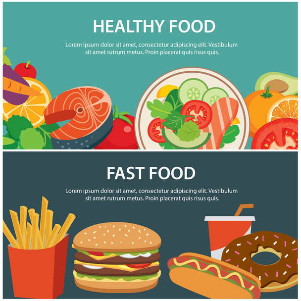 健康食品とファーストフードのコンセプトバナーフラットデザイン - ベクター画像