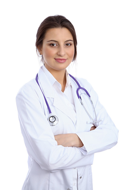 Friendly smiling young female doctor showing copyspace area, isolated - Φωτογραφία, εικόνα