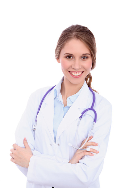 Ystävällinen hymyilevä nuori naislääkäri, eristetty valkoisella taustalla
 - Valokuva, kuva
