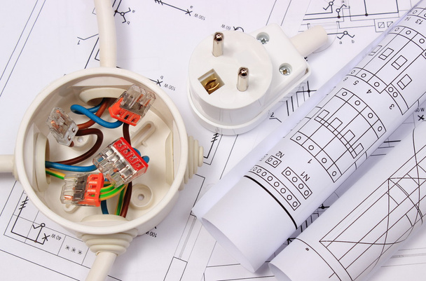 Electrical box, diagrams and electric plug on construction drawing - Photo, Image