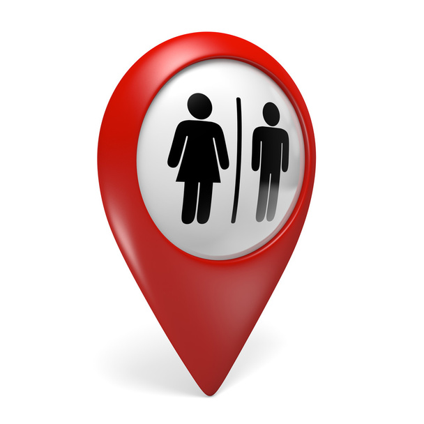 3D icona puntatore mappa rossa con simboli di genere maschile e femminile per bagni
 - Foto, immagini