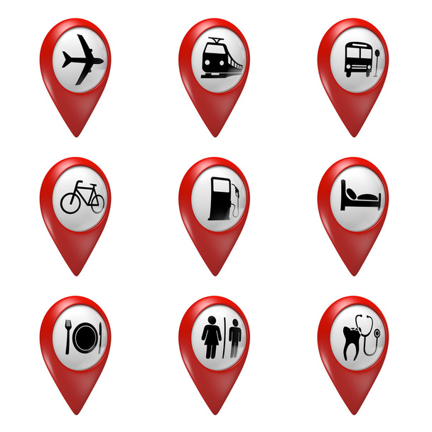 Set di icone puntatore mappa rossa 3D per trasporto, hotel, cibo e servizi
 - Foto, immagini