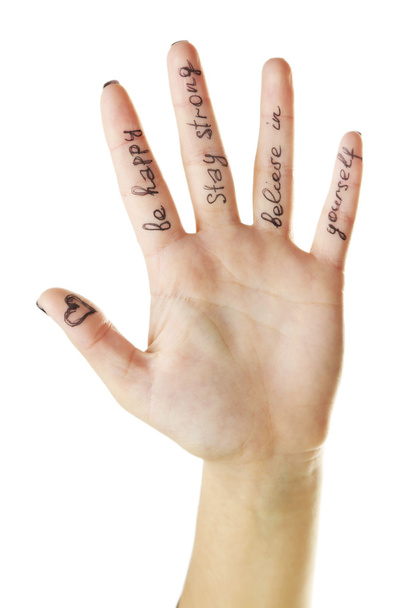 Female hand with written message isolated on white - Valokuva, kuva