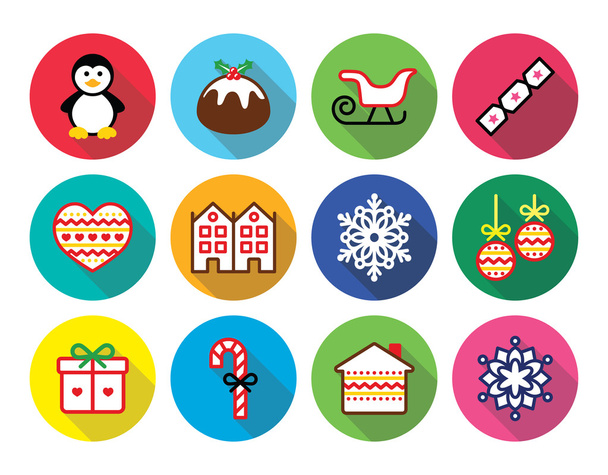 Christmas, winter flat design icons - penguin, Christmas pudding - Vektor, Bild