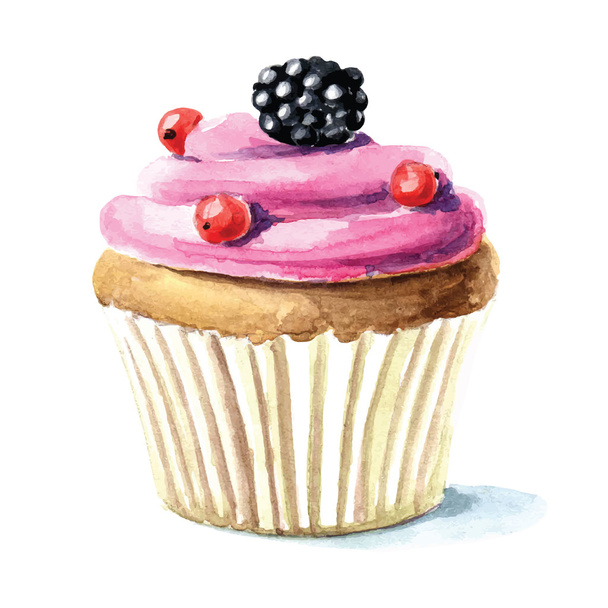 Hand drawn watercolor cupcake - Vector, Image
