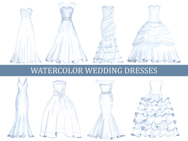 Set of wedding dresses, painted with watercolors, different styl - Vector, afbeelding