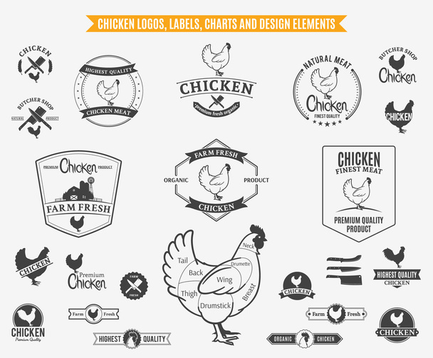 Κοτόπουλο λογότυπα, ετικέτες, χάρτες και στοιχεία σχεδίασης - Διάνυσμα, εικόνα