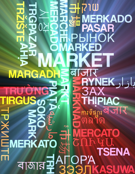 piaci többnyelvű wordcloud háttér koncepció izzó - Fotó, kép