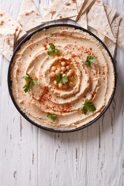 Classic hummus and pita bread. vertical top view - Photo, Image