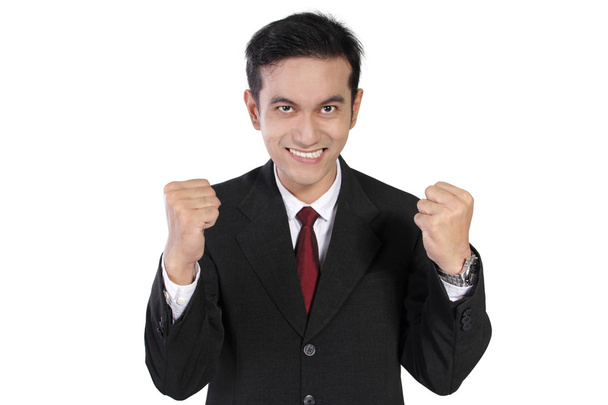 Захоплюючий бізнесмен з зіпсованими кулаками, ізольований на білому
  - Фото, зображення