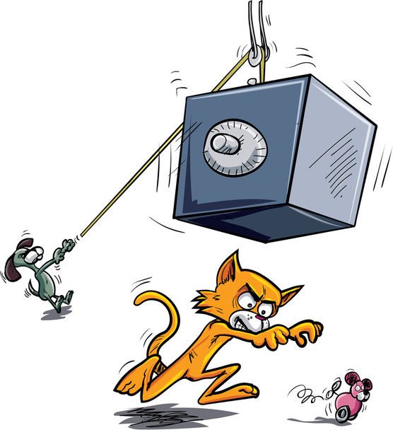 Cartoon kat gaan worden verpletterd door dalende safe - Vector, afbeelding