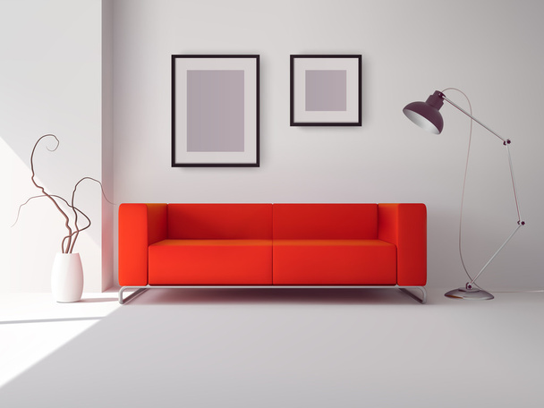 Red sofa with frames and lamp - Вектор,изображение