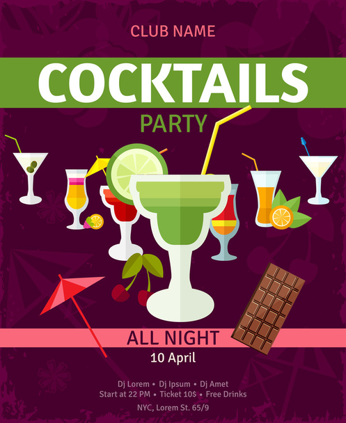 Τροπικά κοκτέιλ νύχτα κόμμα πρόσκληση αφίσα - Διάνυσμα, εικόνα