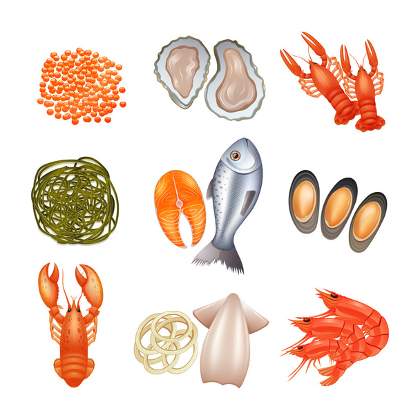 Set icone di frutti di mare - Vettoriali, immagini