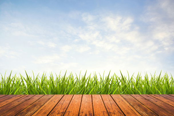green grass with sky and wood floor - Φωτογραφία, εικόνα