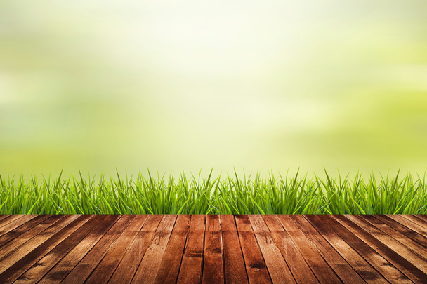 hierba con fondo borroso verde y suelo de madera
 - Foto, Imagen