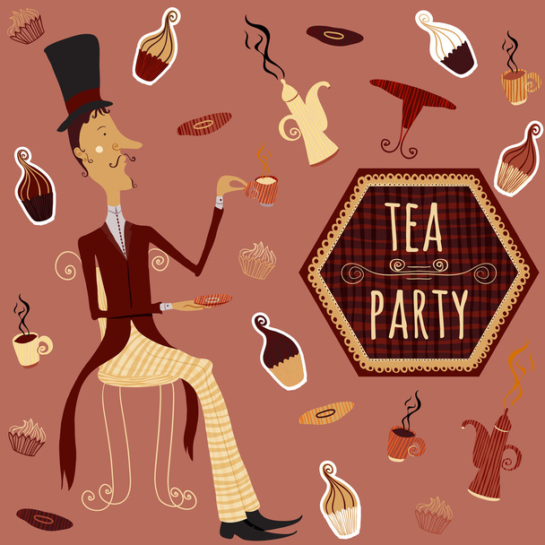Engelse man het drinken van thee. Vintage hand getrokken kaart thee tijd elementen collectie met taart, cup, theepot - Vector, afbeelding