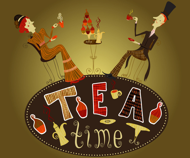 Vintage käsin piirretty kahvila juliste teetä osapuoli sarjakuva nainen ja herrat juo teetä. Retro-kortti
 - Vektori, kuva