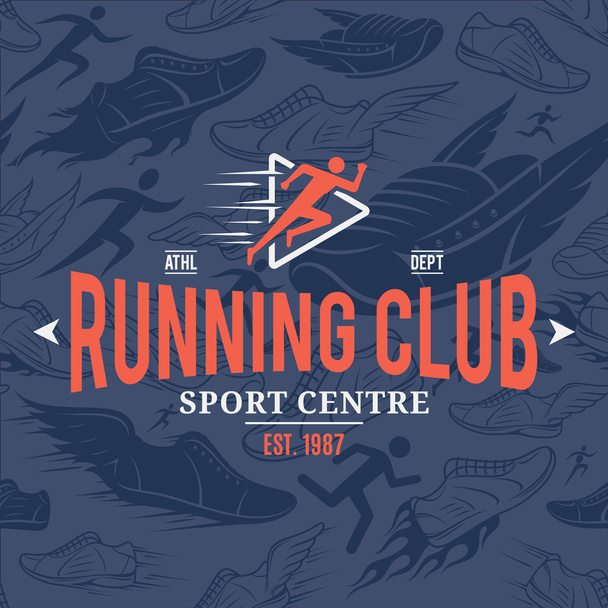 Running Club Logo sjabloon Over lopende schoenen naadloze patroon - Vector, afbeelding