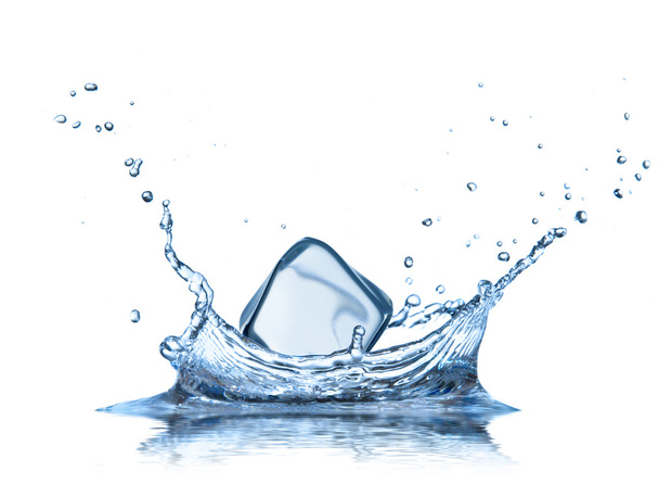 Ice cube in water splashes isolated on white - Φωτογραφία, εικόνα