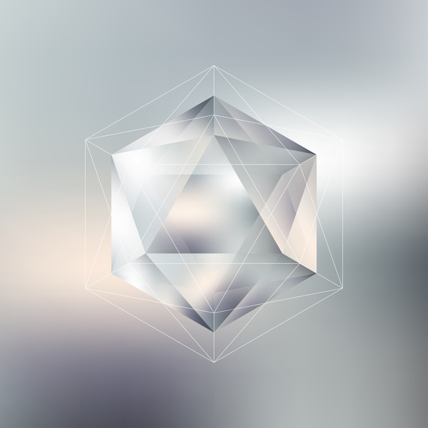 Polygon pattern with the reflection, minimalistic geometric facet crystal logo on blurred background, vector illustration - Vektör, Görsel