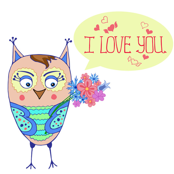 cartoon owl with a bouquet of flowers - Вектор,изображение