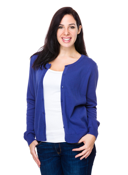 Young brunette woman in blue jacket - Fotó, kép