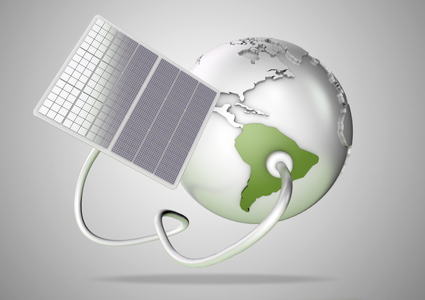 Solarzellen liefern Strom von der Sonne nach Südamerika. Konzept für grüne Energiequellen und Energieversorgung der Welt. - Foto, Bild
